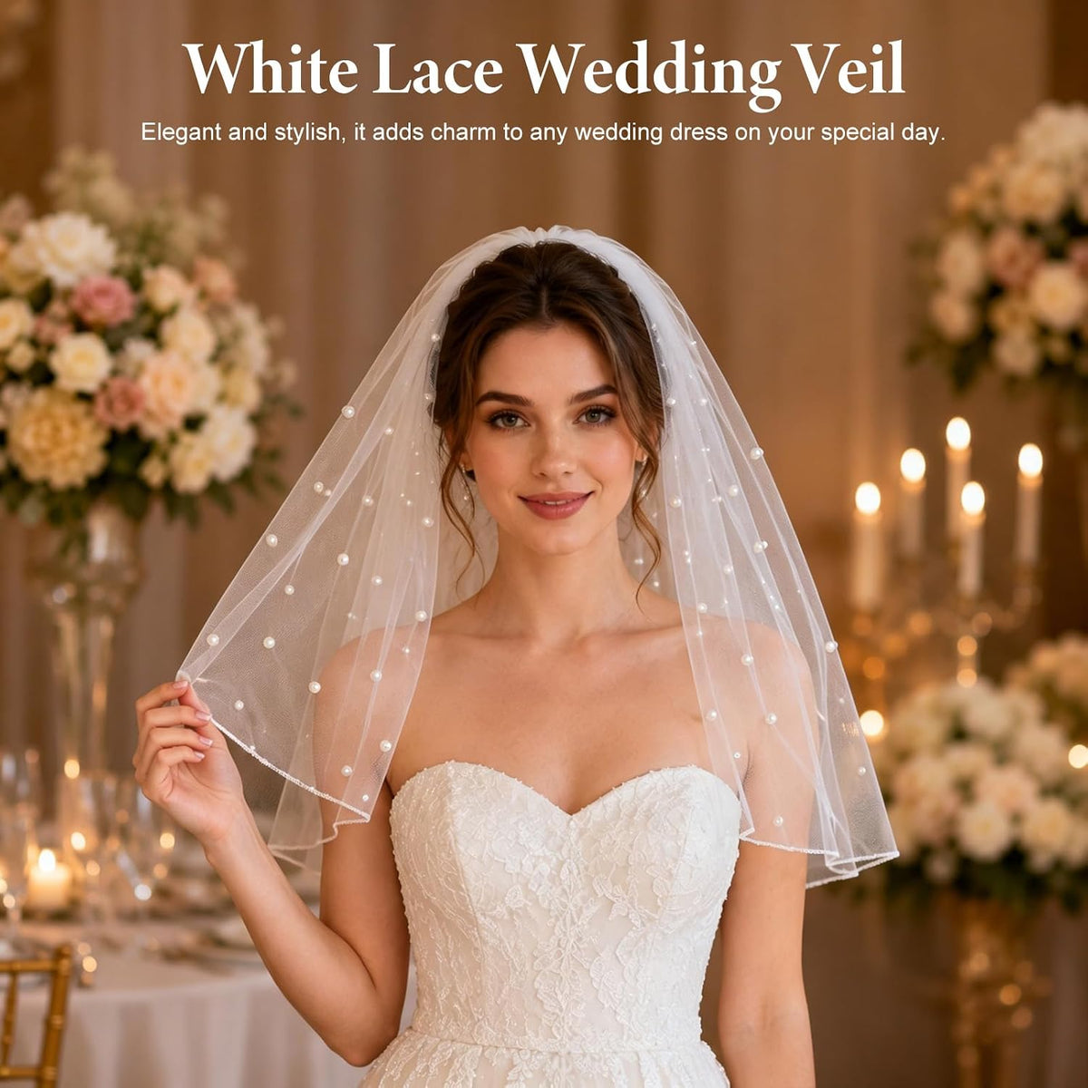 White Short Wedding Veil Pearl Bridal Veil with Comb Short White Bachelorette Veils Tulle Veils for Wedding Bridal Shower Gift Brides Women