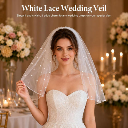 White Short Wedding Veil Pearl Bridal Veil with Comb Short White Bachelorette Veils Tulle Veils for Wedding Bridal Shower Gift Brides Women