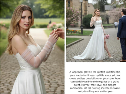 Long Tulle Pearl Wedding Gloves Elbow Length Summer Fingerless Glove