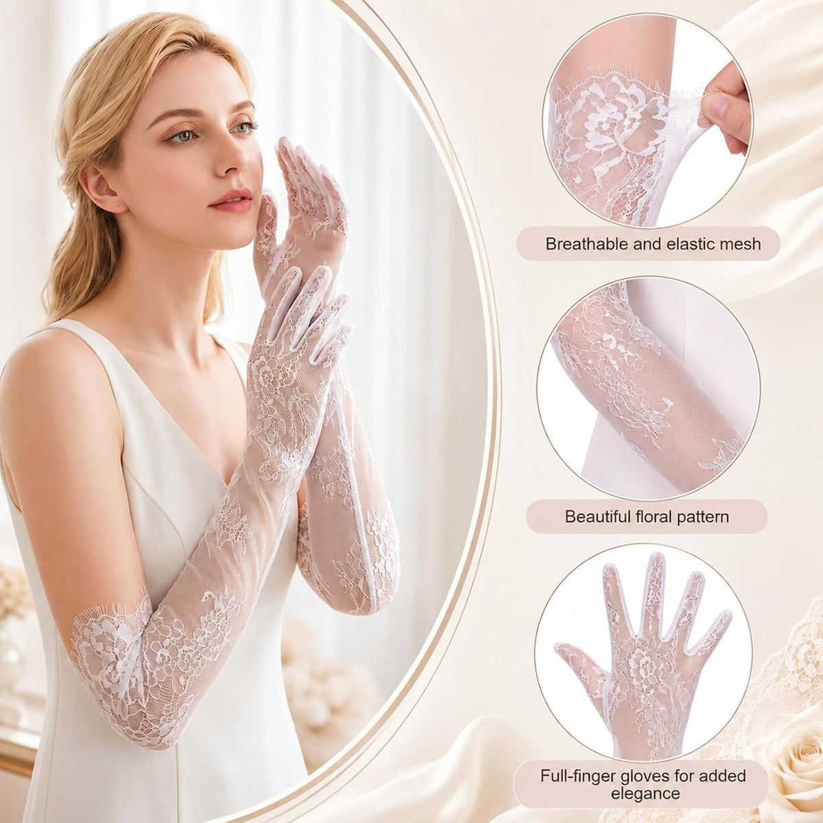 Lace Gloves Women, Floral Elbow Mesh Tulle Sheer Wedding Gloves