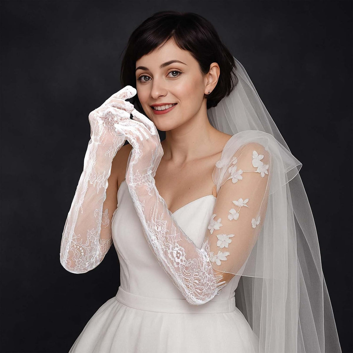 Lace Gloves Women Long Floral Elbow Length Mesh Tulle Sheer Opera Gloves Tea Party Wedding Bridal Party Cosplay