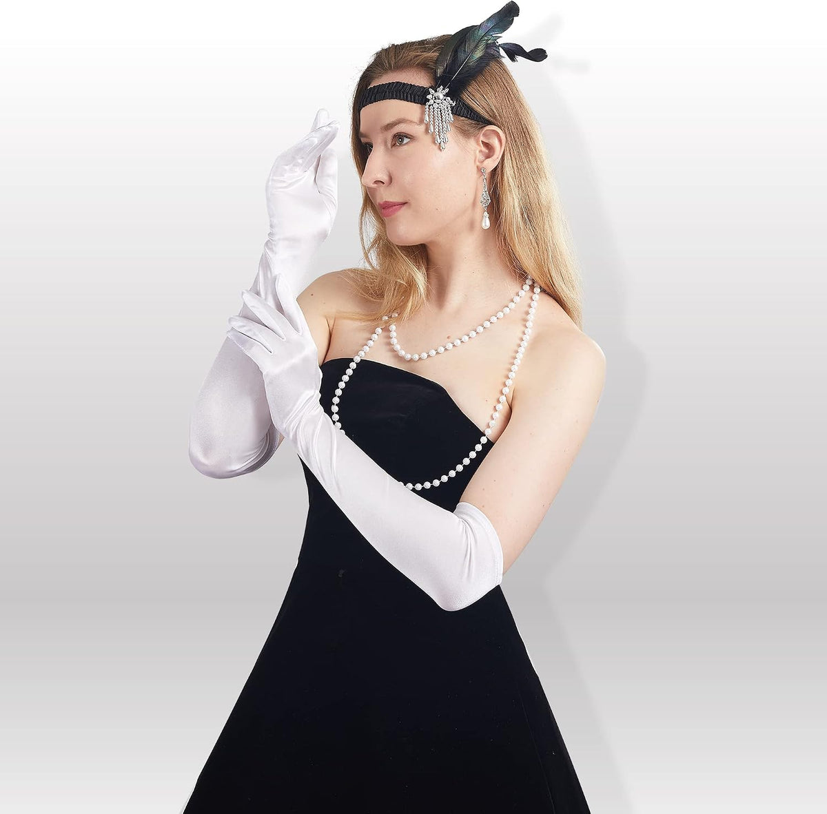 Spooktacular Creations Long Opera Party Gloves, 1920s Satin Gloves Costume for Women, Silk Stretchy Elbow Length Size 21 inch