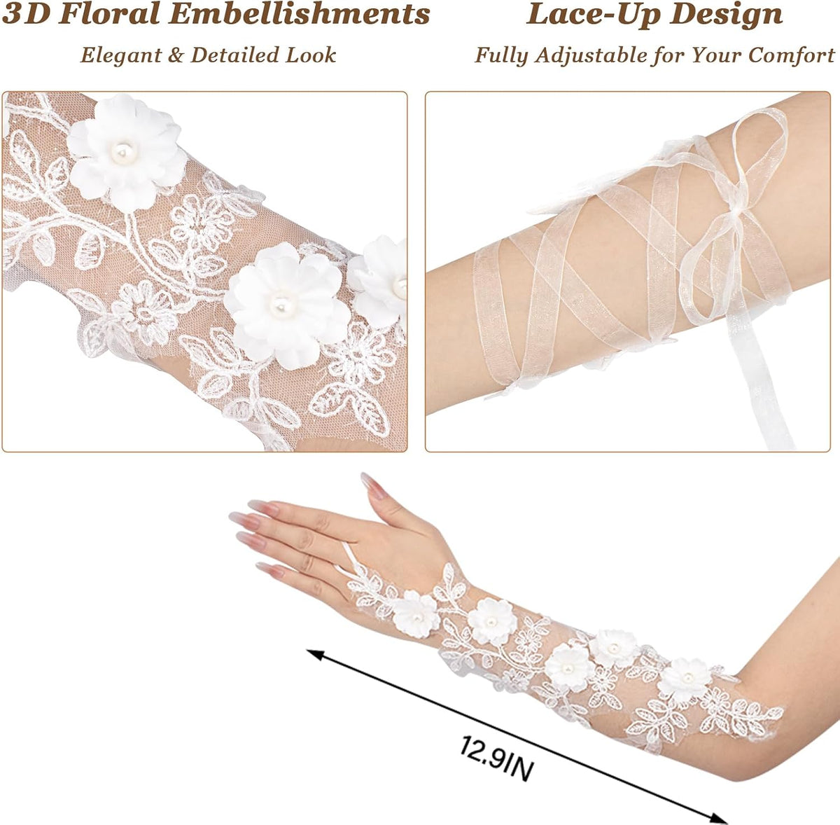 Women's Fingerless Lace Gloves White Elegant for Bridal Wedding