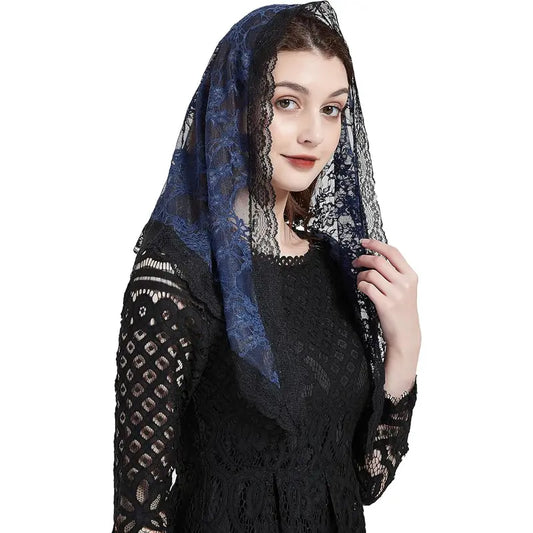 Triangle Veil Triangle Chapel Veil Lace Bridal Veil Funeral Veils for Women Lace Head Covering Y021 (Navy) at Women’s Clothing store