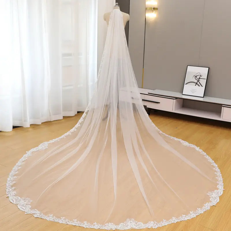 Simple lace wedding veil, Lace trim bridal wedding veil, Cathedral wedding veil, Ivory soft tulle bridal veil