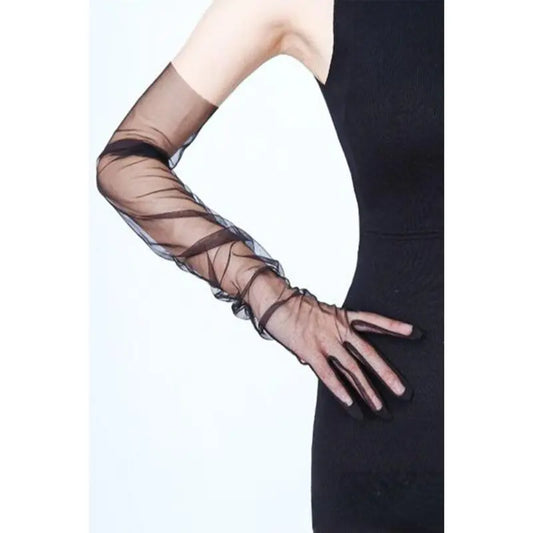 Bridal Over-Elbow Full Finger Gloves - One Size, Ultra-Thin Solid Tulle Fabric, Breathable Loose Fit, Transparent See-Through, for Brides, Formal Events, Proms