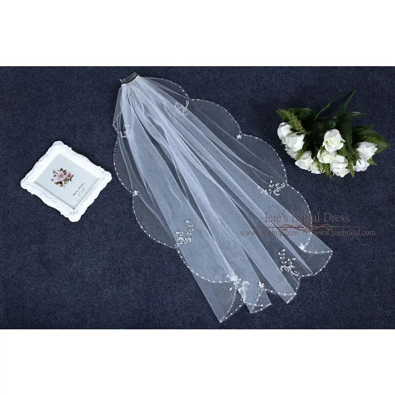 Short Singer Tier Fingertip Wedding Veil with Jeweled Edge VG1076
