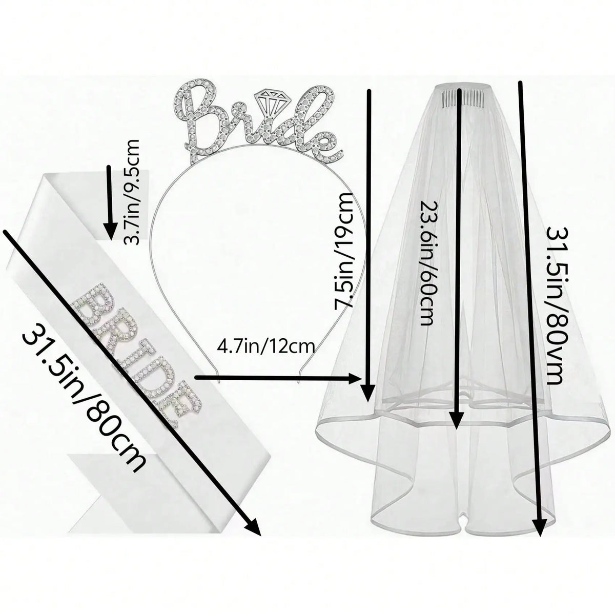 3-Piece Bridal Set Including Veil Rhinestone Hairband Pearl Bride sash Perfect for Bride shower Bridesmaid Photoshoots Bachelorette Party Costume Gift Trailing Veil Wedding Veil Wedding Veils for Brides