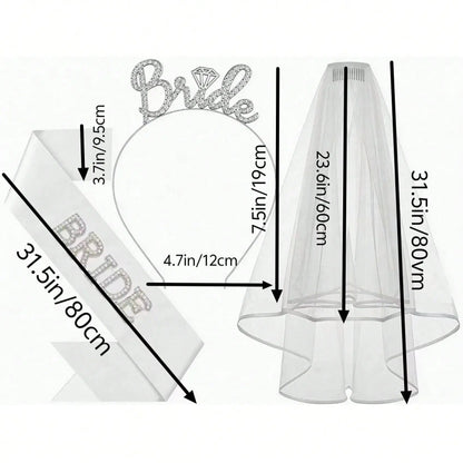 3-Piece Bridal Set Including Veil Rhinestone Hairband Pearl Bride sash Perfect for Bride shower Bridesmaid Photoshoots Bachelorette Party Costume Gift Trailing Veil Wedding Veil Wedding Veils for Brides