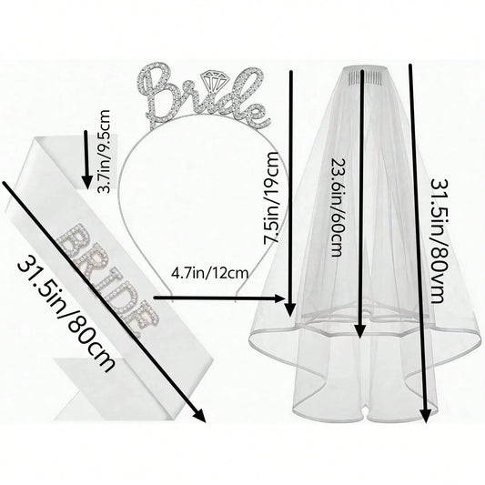 3-Piece Bridal Set Including Veil Rhinestone Hairband Pearl Bride sash Perfect for Bride shower Bridesmaid Photoshoots Bachelorette Party Costume Gift Trailing Veil Wedding Veil Wedding Veils for Brides