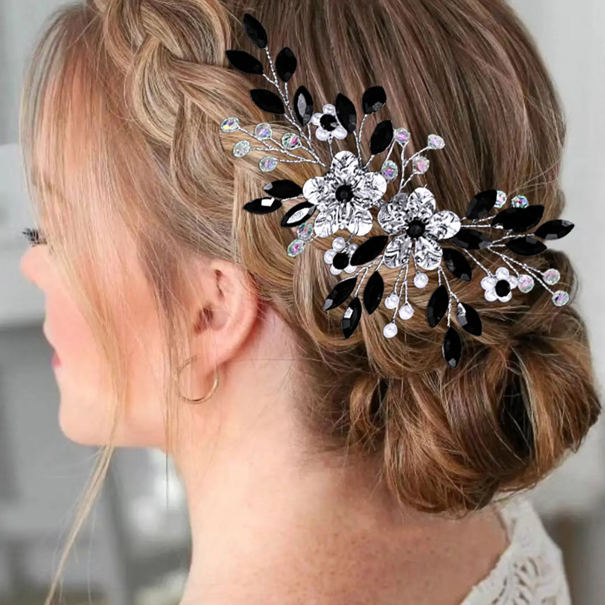 Black Flower Rhinestone Bridal Bridesmaid Headpiece Vintage Wedding Banquet Women