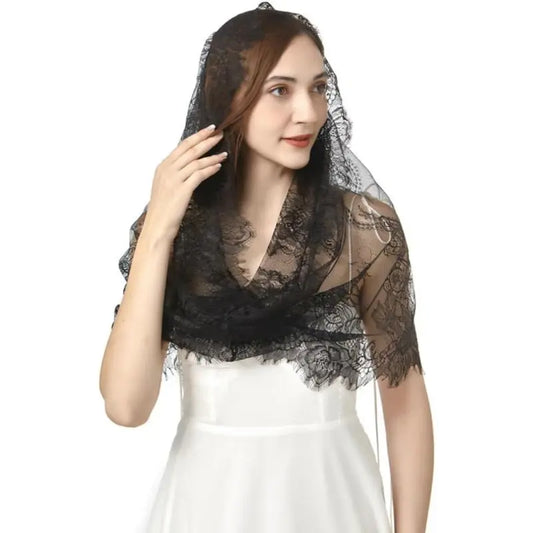 Black Lace Veil Church Traditional Floral Vintage Inspired Victorian Dress Mantilla Halloween Veil Spanish Style Latin Catholic Veils for Women Mass Gothic Funeral Head Covering at Women’s Clothing store