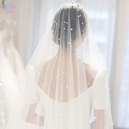 Luxury Pearl Embellished Bridal Veil, Elegant Beaded Long Tulle Wedding Veil, Sheer Face-Covering Veil for Wedding, Photoshoot & Bridal Accessories