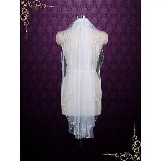 Short Singer Tier Fingertip Wedding Veil with Jeweled Edge VG1076