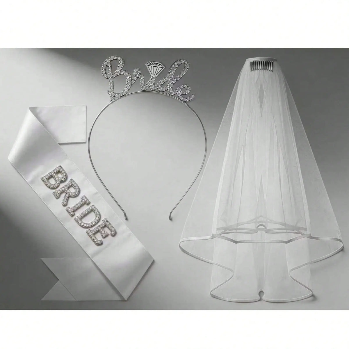 3-Piece Bridal Set Including Veil Rhinestone Hairband Pearl Bride sash Perfect for Bride shower Bridesmaid Photoshoots Bachelorette Party Costume Gift Trailing Veil Wedding Veil Wedding Veils for Brides