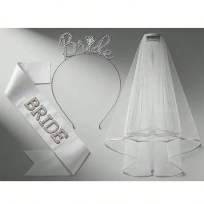 3-Piece Bridal Set Including Veil Rhinestone Hairband Pearl Bride sash Perfect for Bride shower Bridesmaid Photoshoots Bachelorette Party Costume Gift Trailing Veil Wedding Veil Wedding Veils for Brides