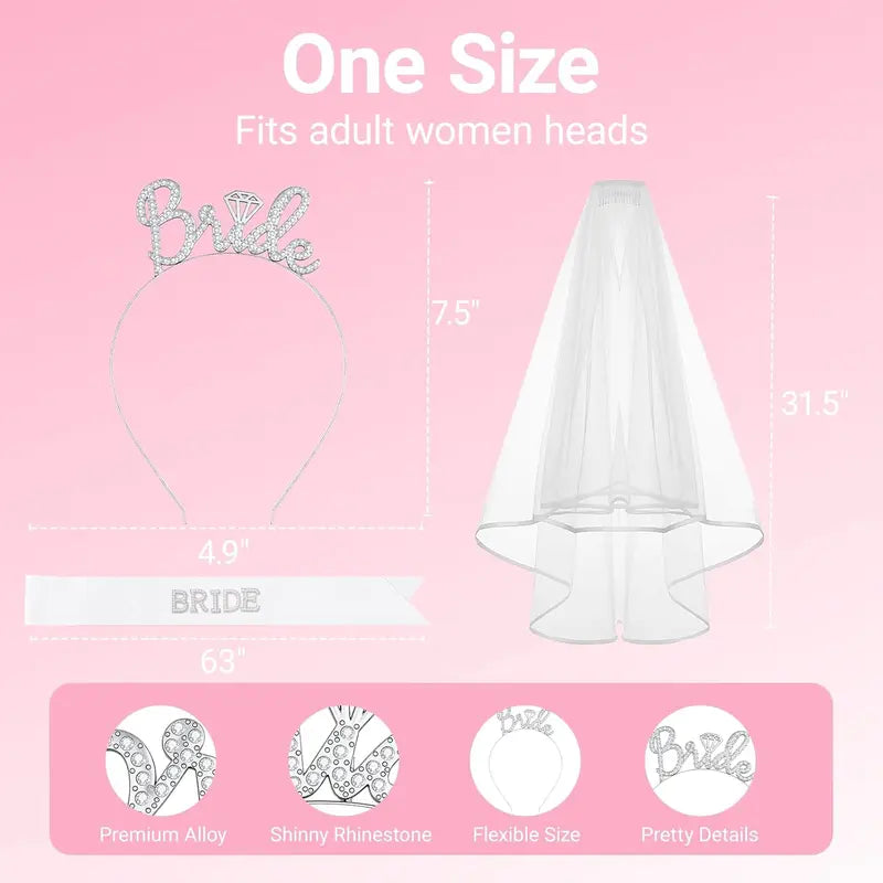 Bride to Be Headband Set Bridal Hair Accessories for Women - 3pcs Silver Headband, Sash and Veil for Bachelorette Party, Flexible Metal Frame with Dual Hoops and Comb Slip-Proof Contouring Party Decor