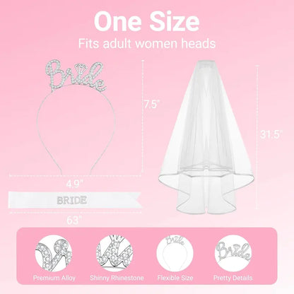 Bride to Be Headband Set Bridal Hair Accessories for Women - 3pcs Silver Headband, Sash and Veil for Bachelorette Party, Flexible Metal Frame with Dual Hoops and Comb Slip-Proof Contouring Party Decor
