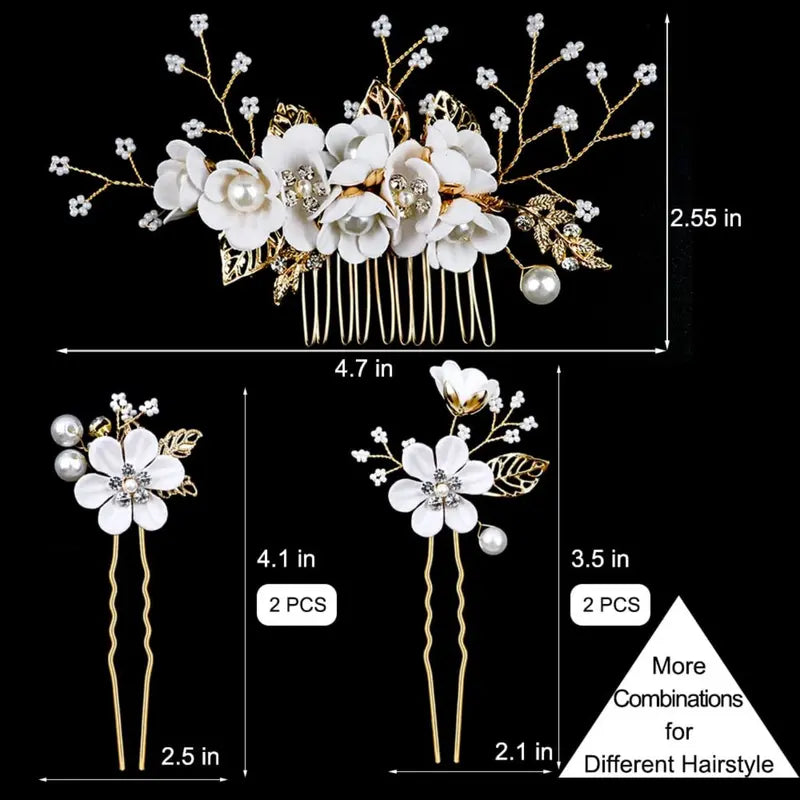 5 PCS Bridal Flower Wedding Hair Pins Crystal Pearl Hair Clips Headpiece Gold Wedding Hair Accessories Jewelry with Rhinestone for Brides Bridesmaids Women Girls Updo (Pure White Flower)