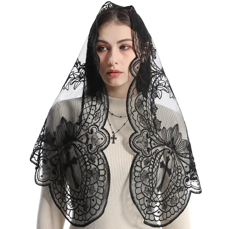 BOZIDOL White Triangle Veil -Lace Mantilla Catholic Church Chapel Veil Head Covering Latin Mass For Women