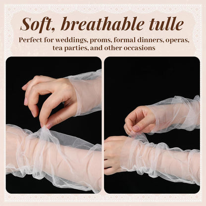 Women's Long Ruched Fingerless Gloves, White Sheer Tulle Mesh Pearl Bridal Opera Gloves for Wedding Party Prom