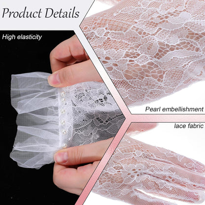 Short White Lace Gloves, Mitten Bride Lace Gloves with Pearls for Wedding, Tulle Bridal Glove for Women Tea Party, Engagement, Wedding, Costume Accessories