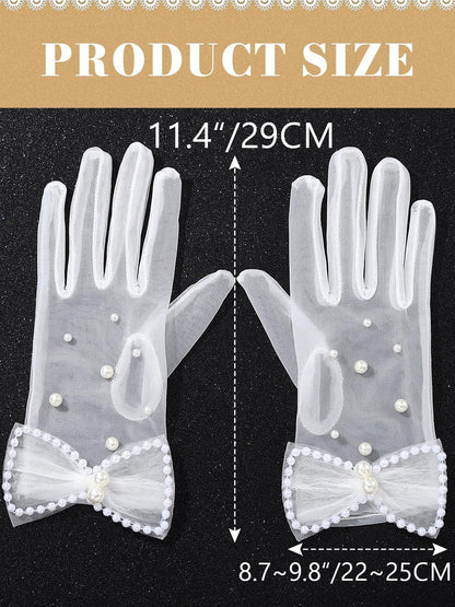 White Pearl Sheer Gloves Tea Party Tulle Bridal Bow Glove for Women