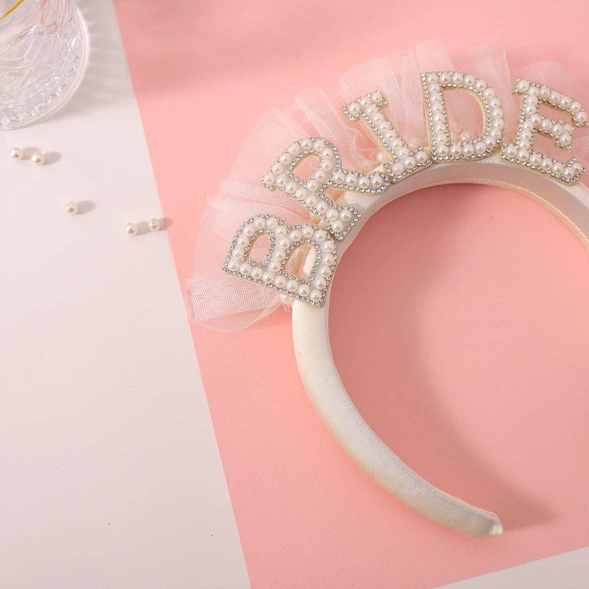 Pearl Veil Bride Headband, White Satin Hairband with 'BRIDE' Decorated by Pearl and Rhinestone, Bridal Hairband for Bachelorette Party Decorations, Women's Hair Accessory
