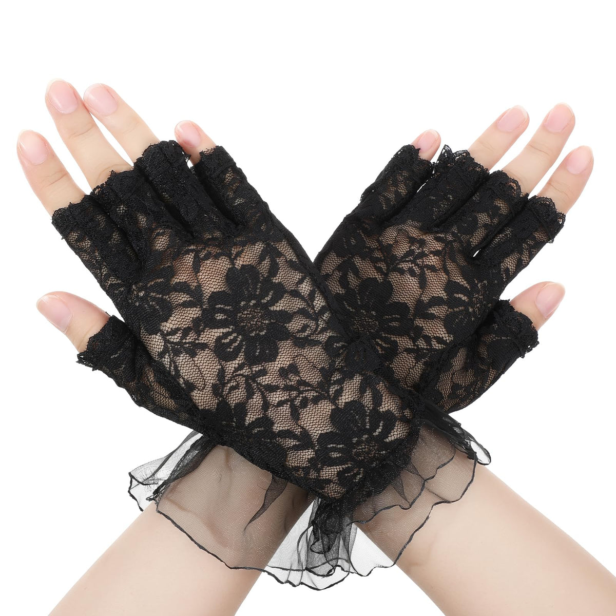 Xinjoduz 1 Pair White Lace Gloves, Womens Short Floral Fingerless Gloves for Women