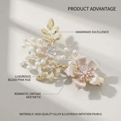 Handmade Pearl Alloy Golden Flower Hair Clips with Droplet Accents - Classic Bridal Flower Motif Hairpin, Festive Event Accessories | Home Supplies, Party Bags & Gifts