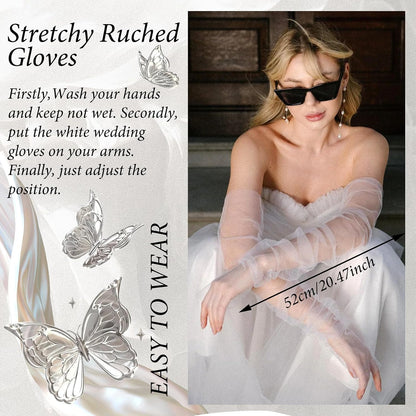 Long Tulle Gloves Ruched Fingerless Gloves Wedding Arm Sleeves for Women