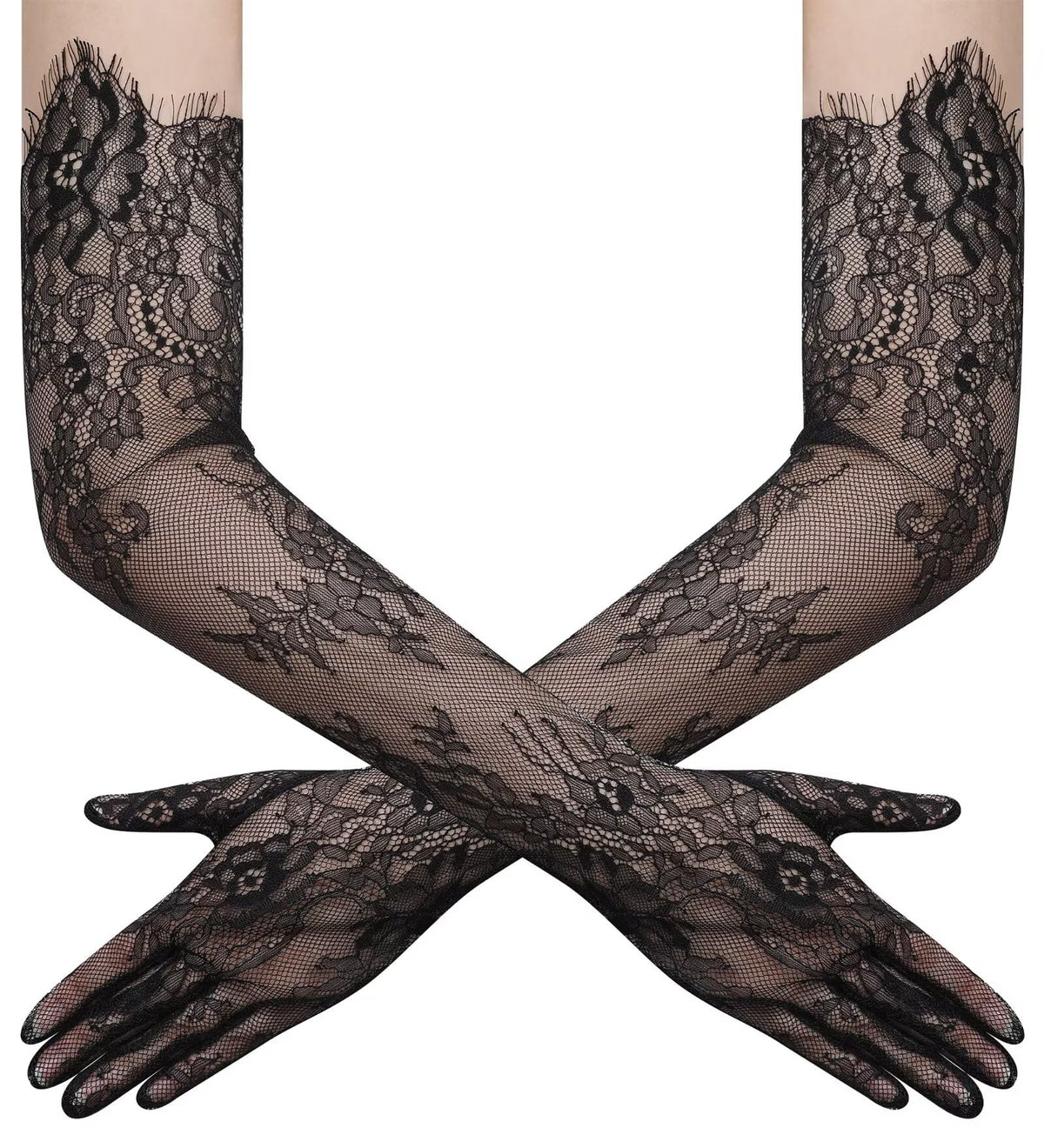 Women's Long Lace Floral Gloves Mesh Tulle Sheer Wedding Elbow Length Opera Party Costume Gloves