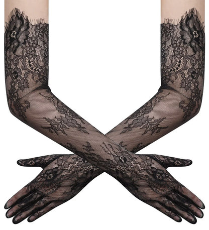 Women's Long Lace Floral Gloves Mesh Tulle Sheer Wedding Elbow Length Opera Party Costume Gloves