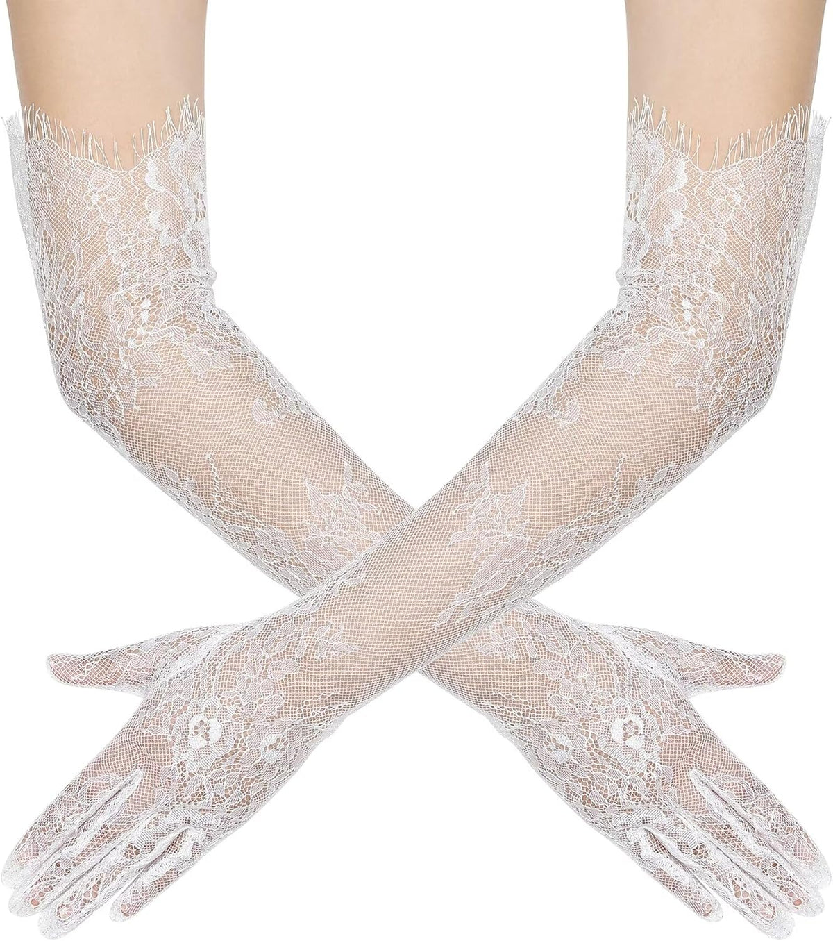 Women's Long Lace Floral Gloves Mesh Tulle Sheer Wedding Elbow Length Opera Party Costume Gloves