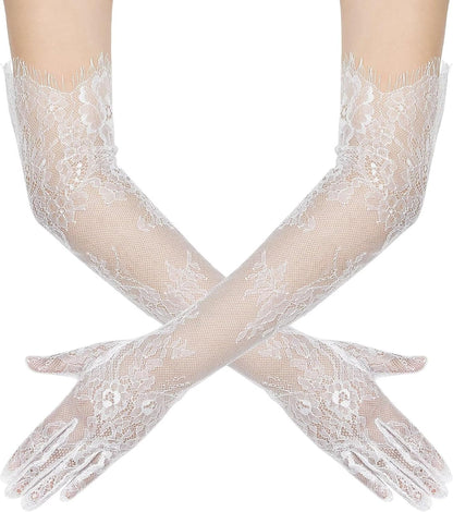 Women's Long Lace Floral Gloves Mesh Tulle Sheer Wedding Elbow Length Opera Party Costume Gloves