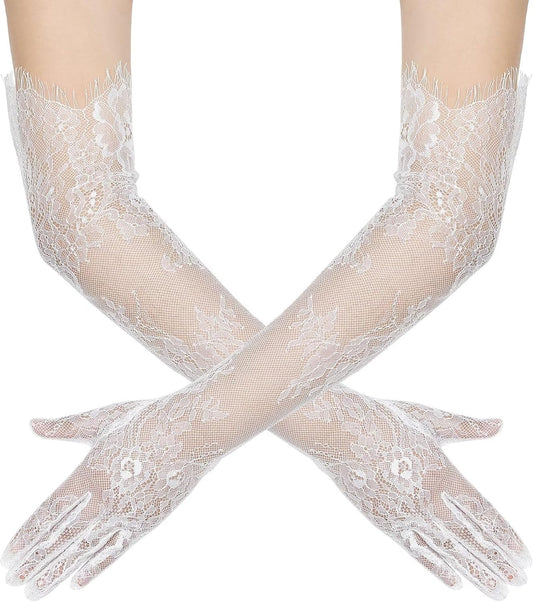 Women's Long Lace Floral Gloves Mesh Tulle Sheer Wedding Elbow Length Opera Party Costume Gloves
