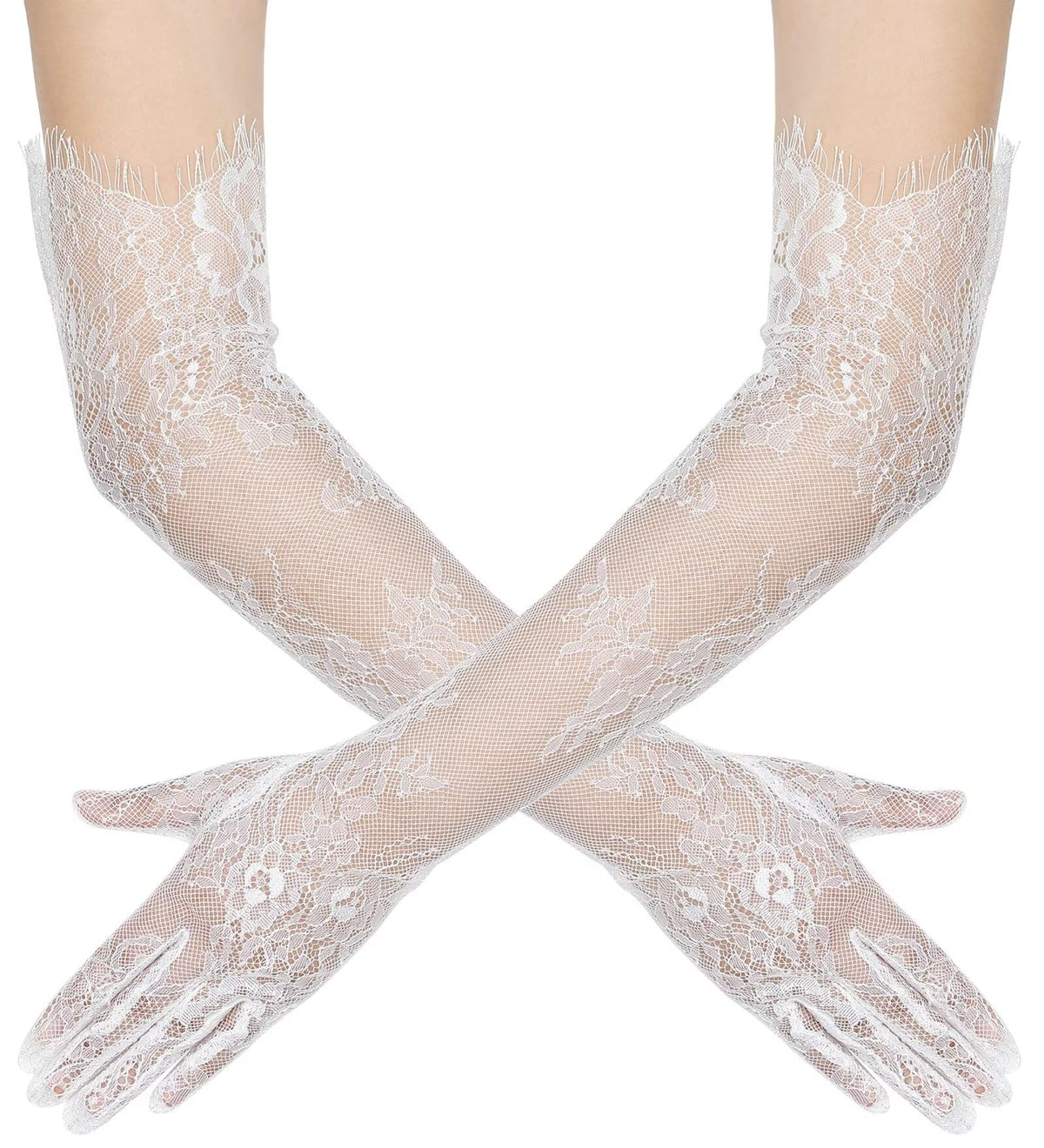 Women's Long Lace Floral Gloves Mesh Tulle Sheer Wedding Elbow Length Opera Party Costume Gloves