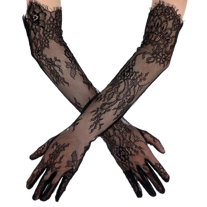 Lace Gloves Women Long Floral Elbow Length Mesh Tulle Sheer Opera Gloves Tea Party Wedding Bridal Party Cosplay