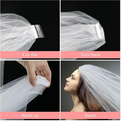 Korty Wedding Veil,2/3 Tier Ribbon Edge Center Cascade Bridal Veil with Comb for Bachelorette Party