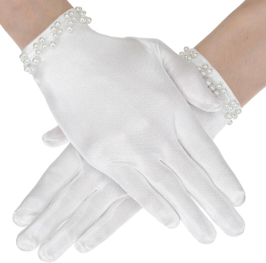 Andibro Bridal Gloves, 1 Pair White Satin Pearl Gloves for Wedding