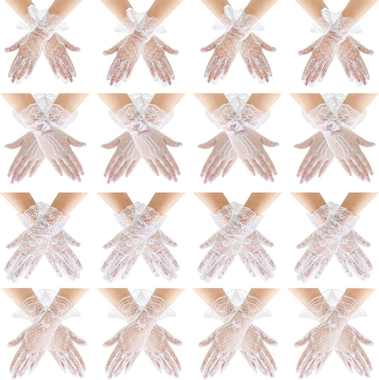 Coloch 16 Pairs Ladies Lace Gloves, White Tea Party Glove for Women Wrist Length Short Vintage Gloves Elegant Courtesy Glove for Party, Cosplay, Wedding, Bridal, Halloween
