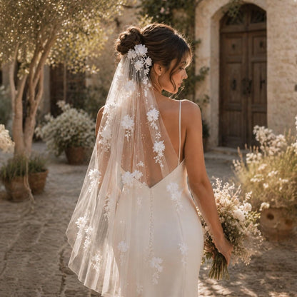 Fingertip Bridal Veil with 3D Flowers and Pearls, Ivory Wedding Veil for Bride, Soft Tulle Floral Veil