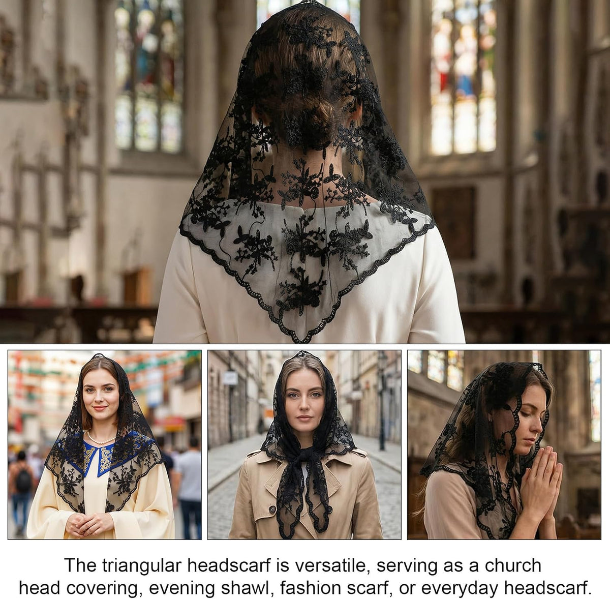 Yolev Mantilla Veil Triangle Catholic Veil For Women Lace Scarf Mass Veils Head Covering For Religious Christian Prayer