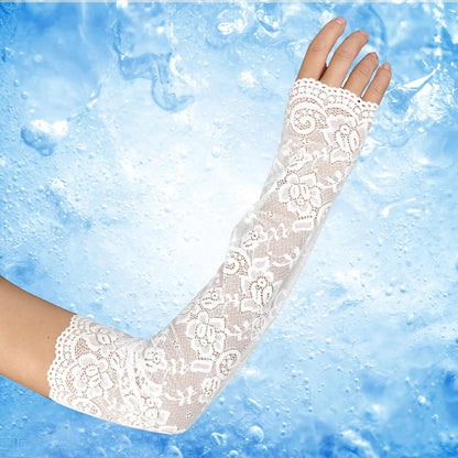 Women's Floral Lace Fingerless Gloves - Elbow Length Arm Sleeves for Tea Party