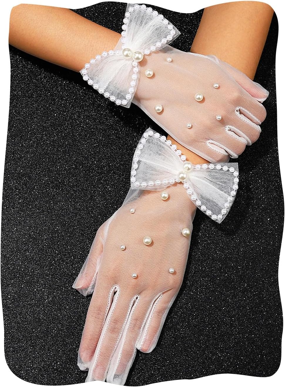 White Pearl Sheer Gloves Tea Party Tulle Bridal Bow Glove for Women