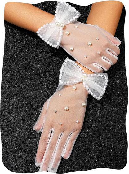 White Pearl Sheer Gloves Tea Party Tulle Bridal Bow Glove for Women
