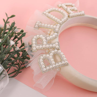 Pearl Veil Bride Headband, White Satin Hairband with 'BRIDE' Decorated by Pearl and Rhinestone, Bridal Hairband for Bachelorette Party Decorations, Women's Hair Accessory