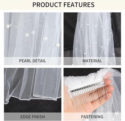 Pearl Bride Veil with Comb, Short Tulle Veil for Wedding