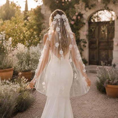 Fingertip Bridal Veil with 3D Flowers and Pearls, Ivory Wedding Veil for Bride, Soft Tulle Floral Veil