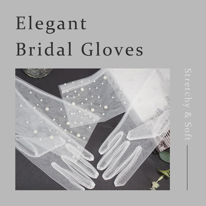 Long Pearl Wedding Gloves Tulle Bridal Gloves Sheer Long Bridal Sleeves Opera Prom Party Costumes for Women